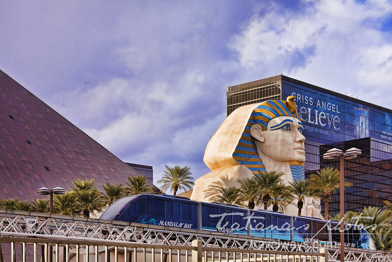 Las Vegas Monorail in front of the Luxor Sphynx and pyramide