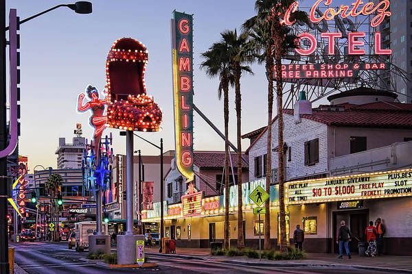 Fremont Street neon signs at dusk