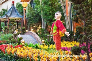 Chinese New Year decorations at Bellagio Gardens and Conservatory 2015 - Kid in front of a small bridge over a small stream